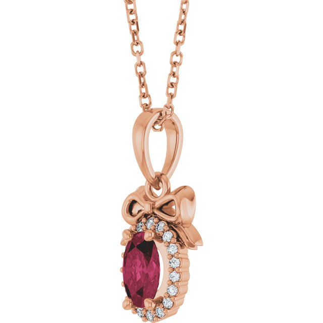 14K Gold Oval Natural Rhodolite Garnet & Natural Diamond Accented Bow Necklace or Pendant - Rose Gold - view 2