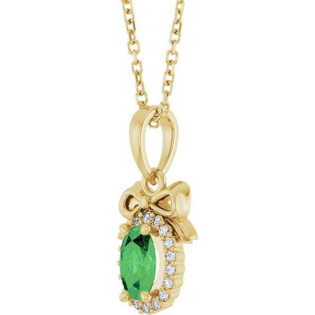 14K Gold Oval Natural Tsavorite Garnet & Natural Diamond Accented Bow Necklace or Pendant - Yellow Gold - view 2