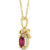 14K Gold Oval Natural Rhodolite Garnet & Natural Diamond Accented Bow Necklace or Pendant - Yellow Gold - view 2
