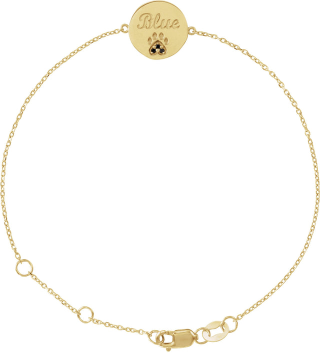 14K Gold Round Natural Black Spinel Engravable Paw Print Bracelet - Yellow Gold - view 3