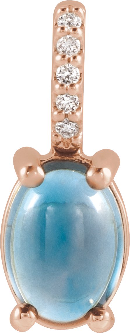 14K Gold Oval Natural London Blue Topaz & Natural Diamond Accented Cabochon Necklace or Pendant – 0.02 CTW - Rose Gold