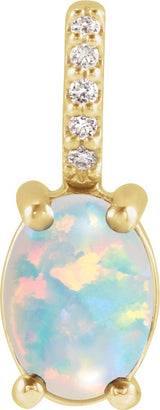 14K Gold Oval Natural White Opal & Natural Diamond Accented Cabochon Necklace or Pendant – 5-9mm Stones - Yellow Gold