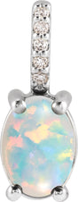 Platinum Oval Natural White Opal & Natural Diamond Accented Cabochon Necklace or Pendant – 0.02 CTW