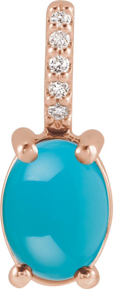 14K Gold Oval Natural Turquoise & Natural Diamond Accented Cabochon Necklace or Pendant - Rose Gold