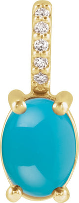 14K Gold Oval Natural Turquoise & Natural Diamond Accented Cabochon Necklace or Pendant - Yellow Gold