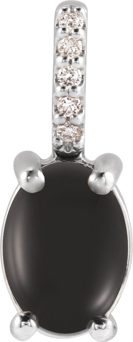 14K Gold Oval Natural Black Onyx & Natural Diamond Accented Cabochon Necklace or Pendant – 0.02 CTW - White Gold