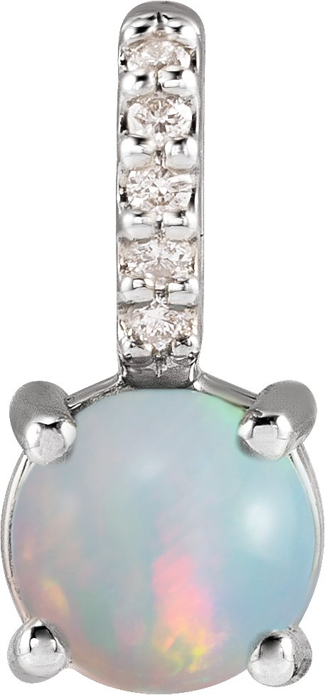 Platinum Round Natural White Opal & Natural Diamond Accented Cabochon Pendant