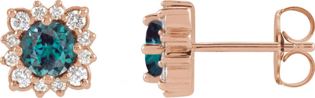 14K Gold Lab-Grown Alexandrite & Natural Diamond Round Halo-Style Earrings - Rose Gold