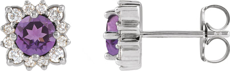 Platinum Natural Amethyst & Natural Diamond Round Halo-Style Earrings