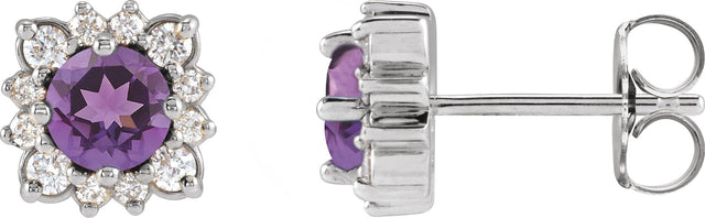 Platinum Natural Amethyst & Natural Diamond Round Halo-Style Earrings