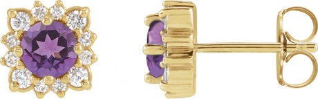 14K Gold Natural Amethyst & Natural Diamond Round Halo-Style Earrings - Yellow Gold