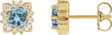 14K Gold Natural Aquamarine & Natural Diamond Round Halo-Style Earrings - Yellow Gold