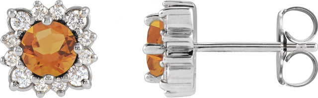 Platinum Natural Citrine & Natural Diamond Round Halo-Style Earrings
