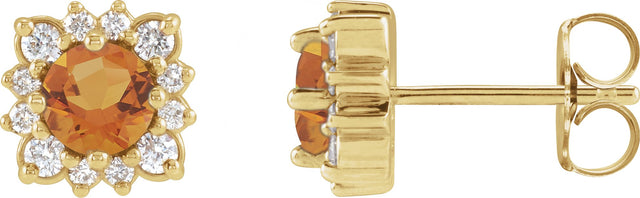 14K Gold Natural Citrine & Natural Diamond Round Halo-Style Earrings - Yellow Gold