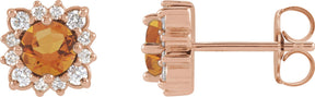 14K Gold Natural Citrine & Natural Diamond Round Halo-Style Earrings - Rose Gold