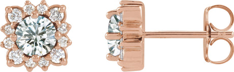 14K Gold Natural White Sapphire & Natural Diamond Round Halo-Style Earrings - Rose Gold
