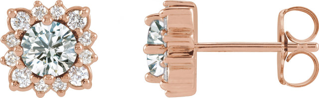 14K Gold Natural White Sapphire & Natural Diamond Round Halo-Style Earrings - Rose Gold