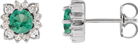 14K Gold Lab-Grown Emerald & Natural Diamond Round Halo-Style Earrings - White Gold