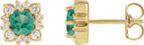 14K Gold Natural Emerald & Natural Diamond Round Halo-Style Earrings - Yellow Gold