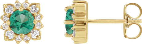 14K Gold Lab-Grown Emerald & Natural Diamond Round Halo-Style Earrings - Yellow Gold