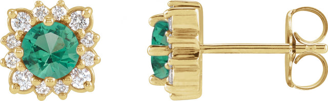 14K Gold Lab-Grown Emerald & Natural Diamond Round Halo-Style Earrings - Yellow Gold