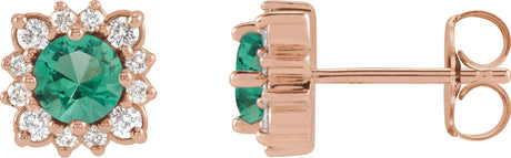 14K Gold Natural Emerald & Natural Diamond Round Halo-Style Earrings - Rose Gold