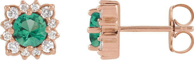 14K Gold Natural Emerald & Natural Diamond Round Halo-Style Earrings - Rose Gold