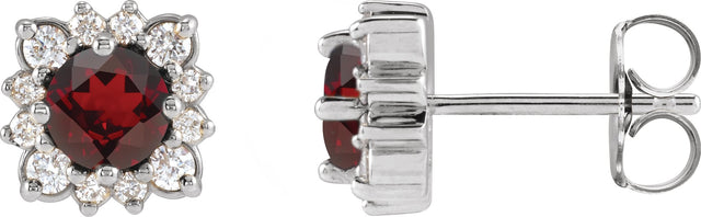 14K Gold Natural Mozambique Garnet & Natural Diamond Round Halo-Style Earrings - White Gold