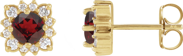 14K Gold Natural Mozambique Garnet & Natural Diamond Round Halo-Style Earrings - Yellow Gold