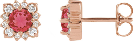 14K Gold Natural Ruby & Natural Diamond Round Halo-Style Earrings - Rose Gold
