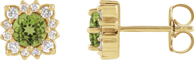 14K Gold Natural Peridot & Natural Diamond Round Halo-Style Earrings - Yellow Gold
