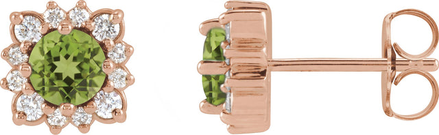 14K Gold Natural Peridot & Natural Diamond Round Halo-Style Earrings - Rose Gold