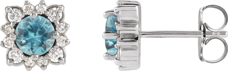 Platinum Natural Blue Zircon & Natural Diamond Round Halo-Style Earrings