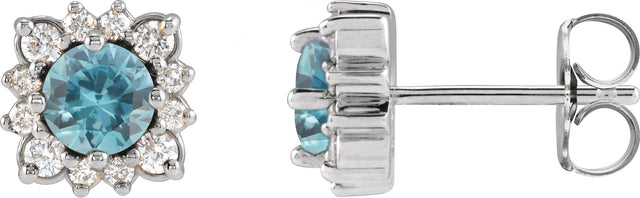 Platinum Natural Blue Zircon & Natural Diamond Round Halo-Style Earrings