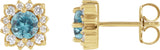 14K Gold Natural Blue Zircon & Natural Diamond Round Halo-Style Earrings - Yellow Gold