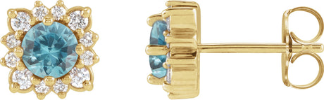 14K Gold Natural Blue Zircon & Natural Diamond Round Halo-Style Earrings - Yellow Gold