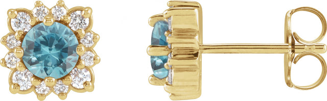 14K Gold Natural Blue Zircon & Natural Diamond Round Halo-Style Earrings - Yellow Gold