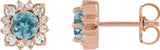 14K Gold Natural Blue Zircon & Natural Diamond Round Halo-Style Earrings - Rose Gold