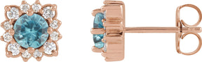 14K Gold Natural Blue Zircon & Natural Diamond Round Halo-Style Earrings - Rose Gold