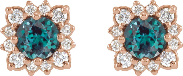14K Gold Lab-Grown Alexandrite & Natural Diamond Round Halo-Style Earrings - Rose Gold - view 2