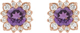 14K Gold Natural Amethyst & Natural Diamond Round Halo-Style Earrings - Rose Gold - view 2