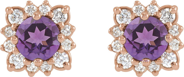 14K Gold Natural Amethyst & Natural Diamond Round Halo-Style Earrings - Rose Gold - view 2