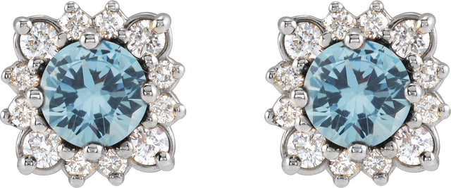 Platinum Natural Aquamarine & Natural Diamond Round Halo-Style Earrings - view 2