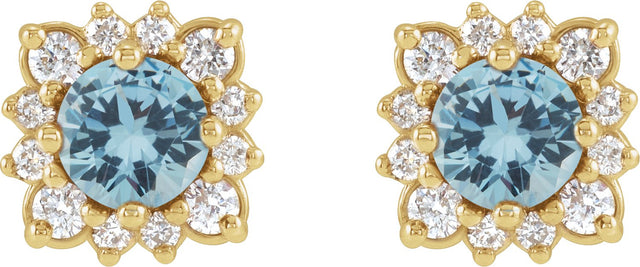 14K Gold Natural Aquamarine & Natural Diamond Round Halo-Style Earrings - Yellow Gold - view 2