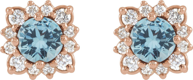 14K Gold Natural Aquamarine & Natural Diamond Round Halo-Style Earrings - Rose Gold - view 2