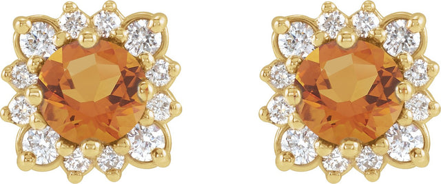 14K Gold Natural Citrine & Natural Diamond Round Halo-Style Earrings - Yellow Gold - view 2