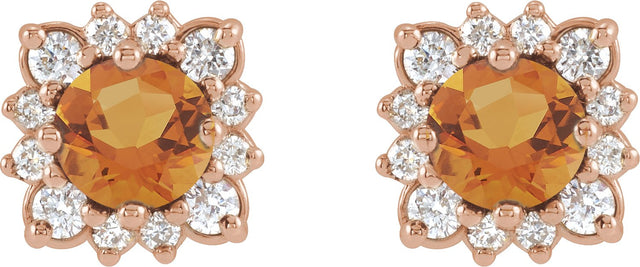 14K Gold Natural Citrine & Natural Diamond Round Halo-Style Earrings - Rose Gold - view 2