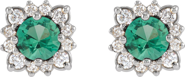 14K Gold Lab-Grown Emerald & Natural Diamond Round Halo-Style Earrings - White Gold - view 2