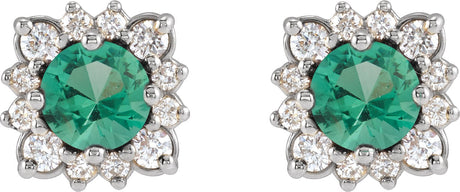 Platinum Natural Emerald & Natural Diamond Round Halo-Style Earrings - view 2