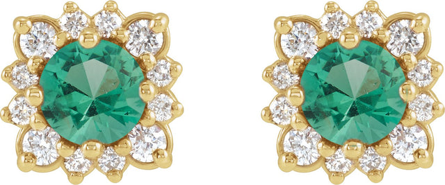 14K Gold Natural Emerald & Natural Diamond Round Halo-Style Earrings - Yellow Gold - view 2